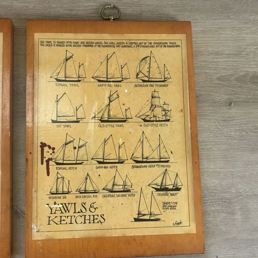 S. Frank Vintage Nautical Sailboat Wood Plaque Art Set Yawls Ketches Sail Types